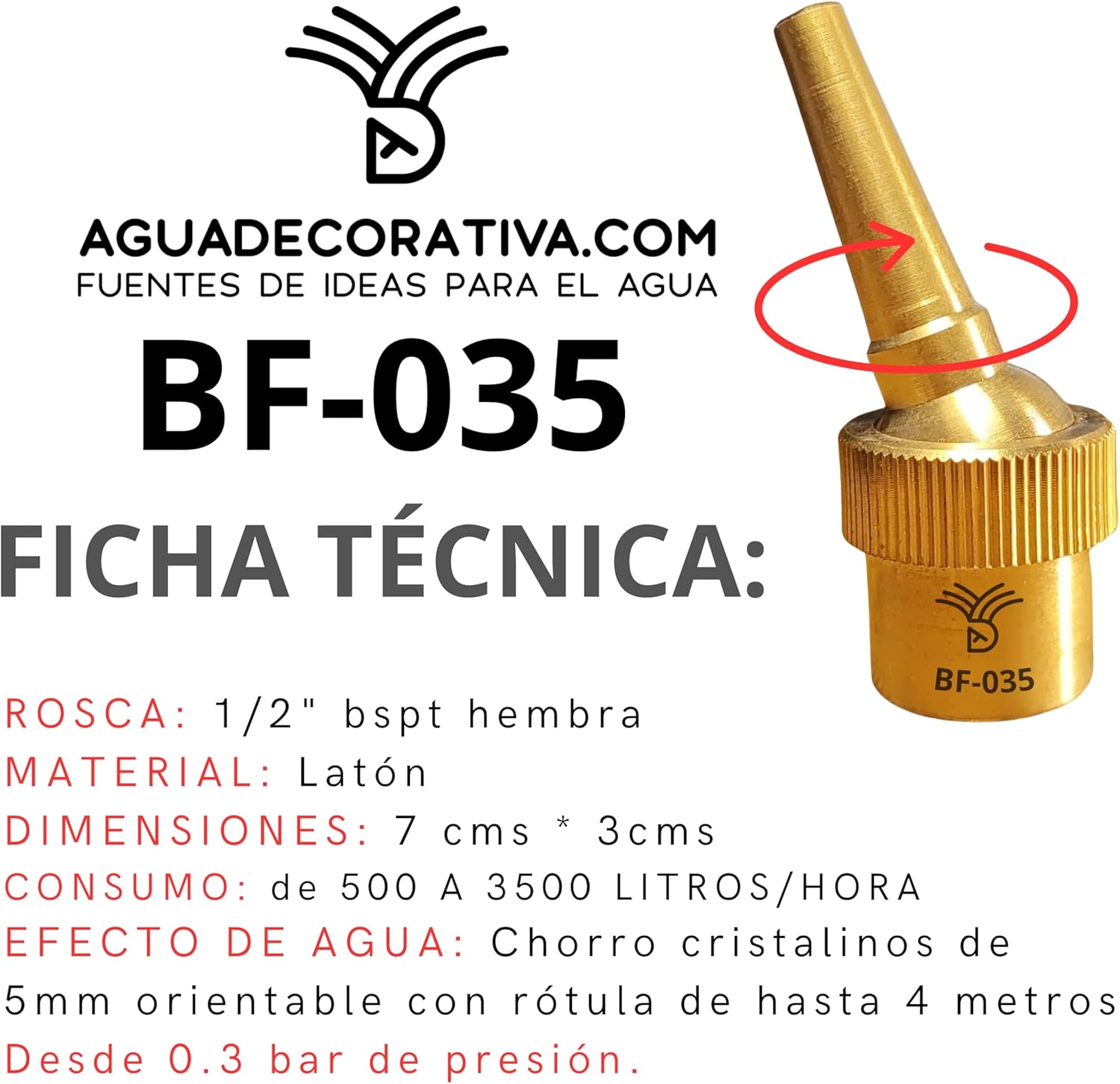 AGUADECORATIVA Boquillas para Fuentes de Jardín - Chorro cristalino de Lanza con rótula de 5 mm Rosca 1/2" BSPT (Latón)
