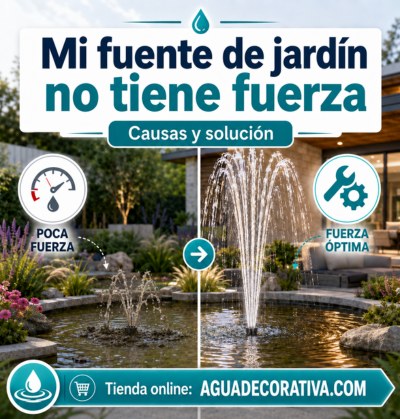 Fuente de jardín con poca fuerza por suciedad en la bomba y solución para recuperar el caudal de agua