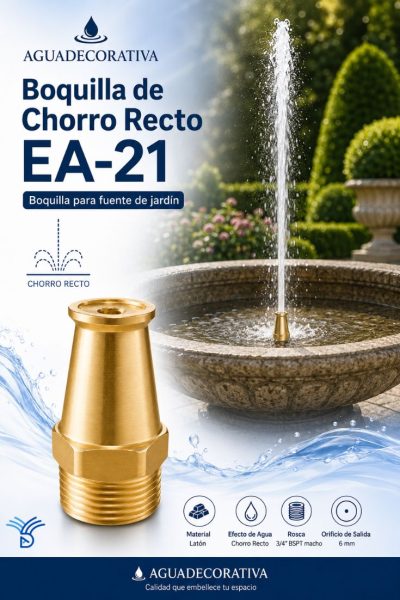 Boquilla de chorro recto EA-21 de latón con rosca 3/4" BSPT, salida de 6 mm y longitud total de 5,2 cm para fuentes de jardín.